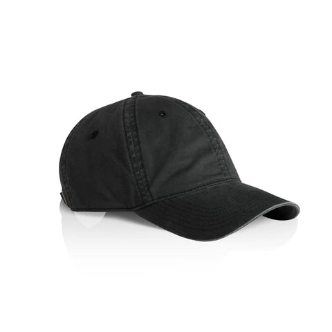 A black faded cap with a curved brim and a logo on the side, displayed at an angle.