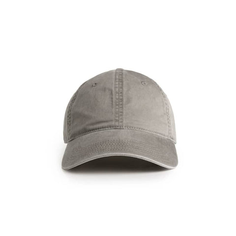 A grey cap with a curved brim and stitched detailing, featuring a logo on the front.