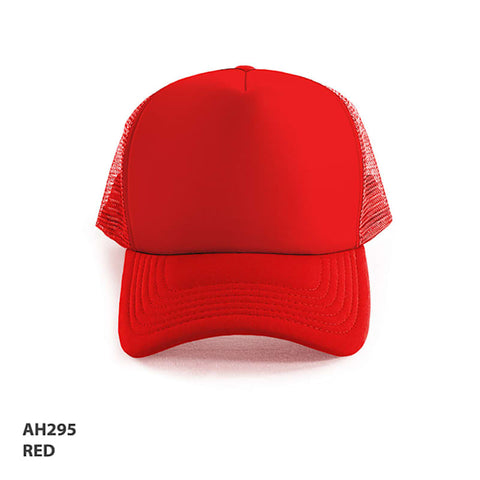 A red Polymesh Trucker Cap with a solid front and mesh back, featuring a logo on the front.
