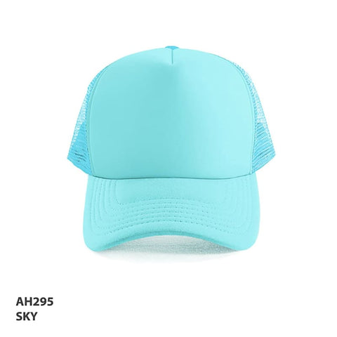 A sky blue Polymesh Trucker Cap with a mesh back and a solid front panel, featuring a logo.
