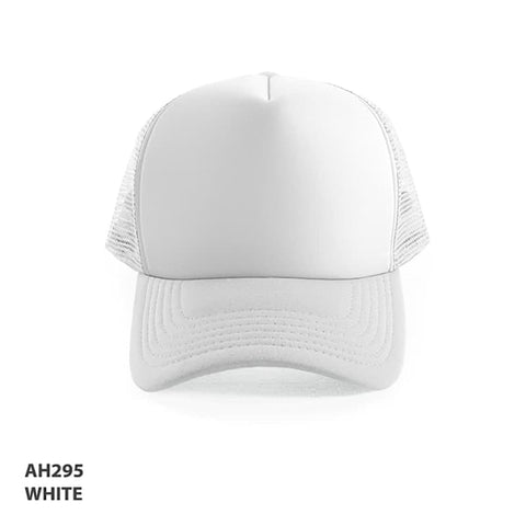 A white Polymesh trucker cap featuring a solid front and mesh sides, including a logo on the front.