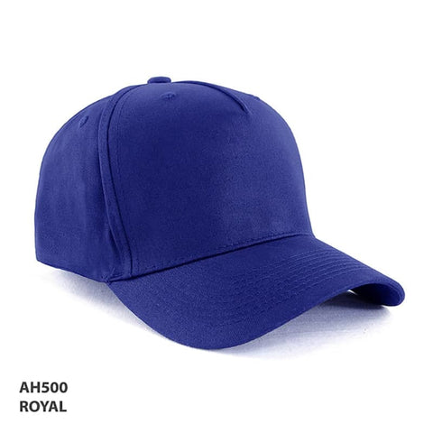 A royal blue 5-panel cap made of 100% cotton, featuring a logo on the front.