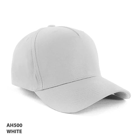 A white 5-panel cap made from 100% cotton, featuring a logo on the front.